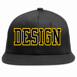 Custom Black Black-Gold Flat Eaves Sport Baseball Cap Design for Men/Women/Youth