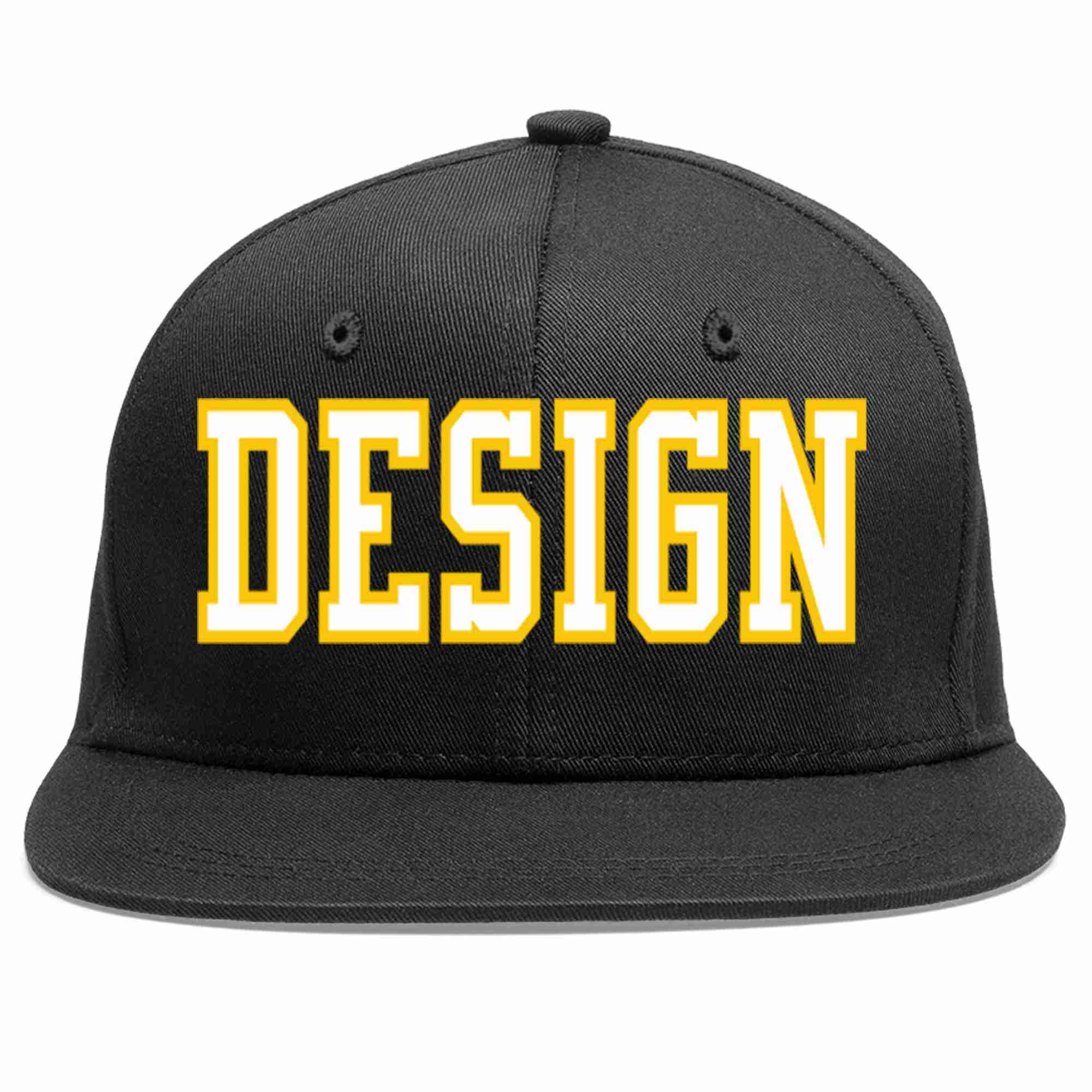 Custom Black White-Gold Flat Eaves Sport Baseball Cap Design for Men/Women/Youth