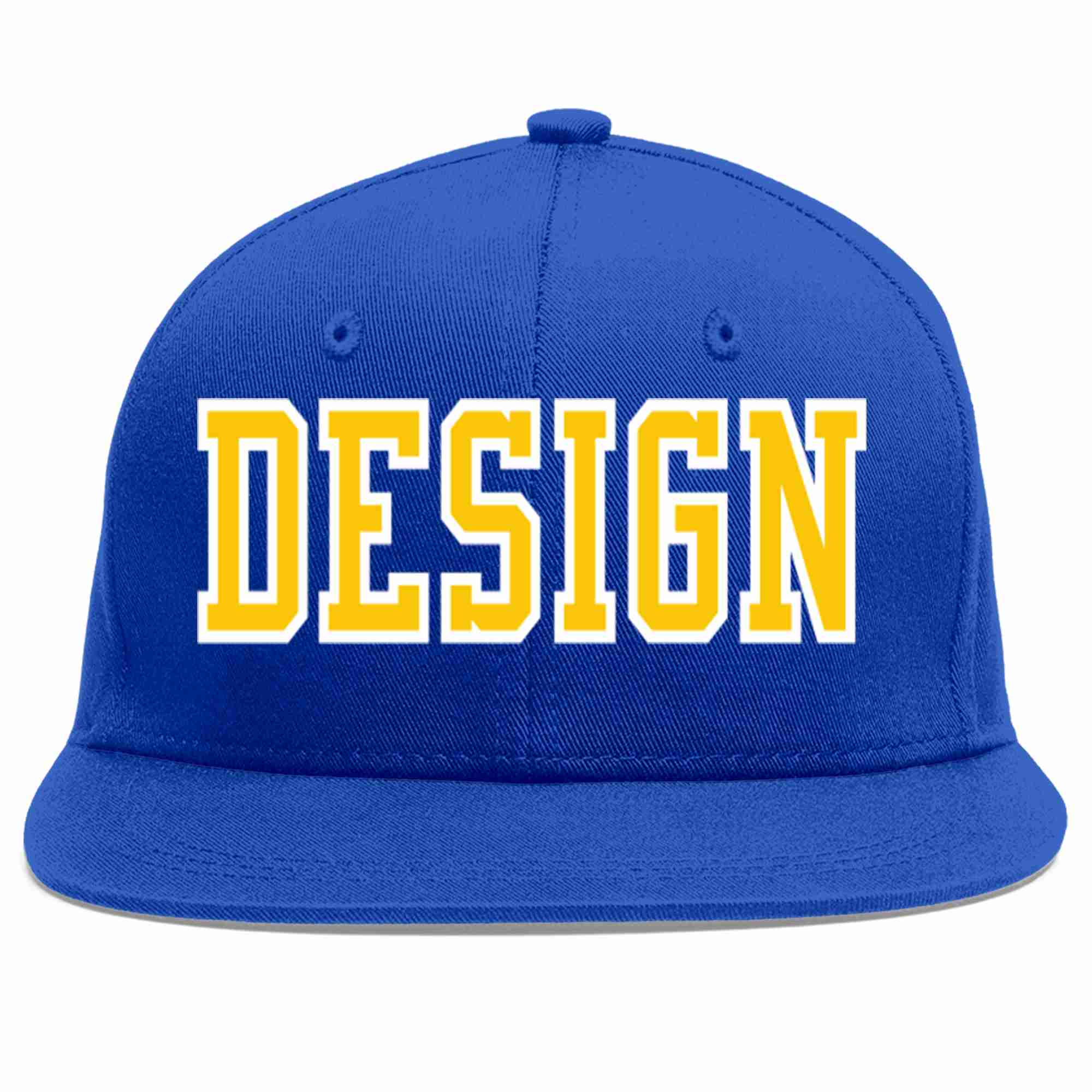 Custom Royal Gold-White Flat Eaves Sport Baseball Cap Design for Men/Women/Youth