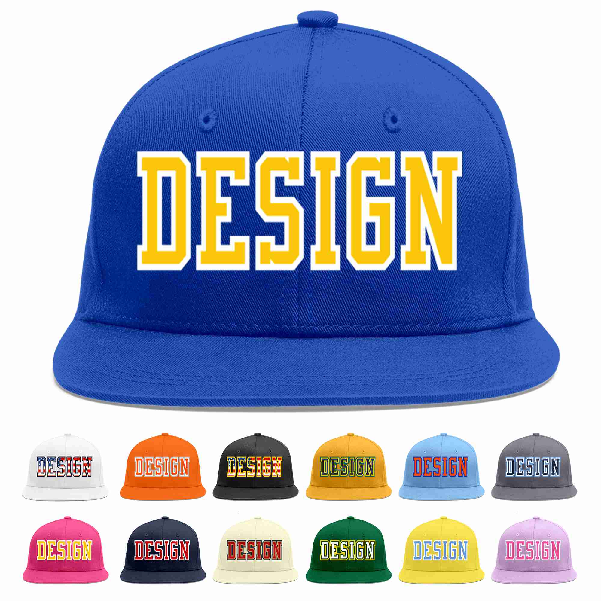 Custom Royal Gold-White Flat Eaves Sport Baseball Cap Design for Men/Women/Youth