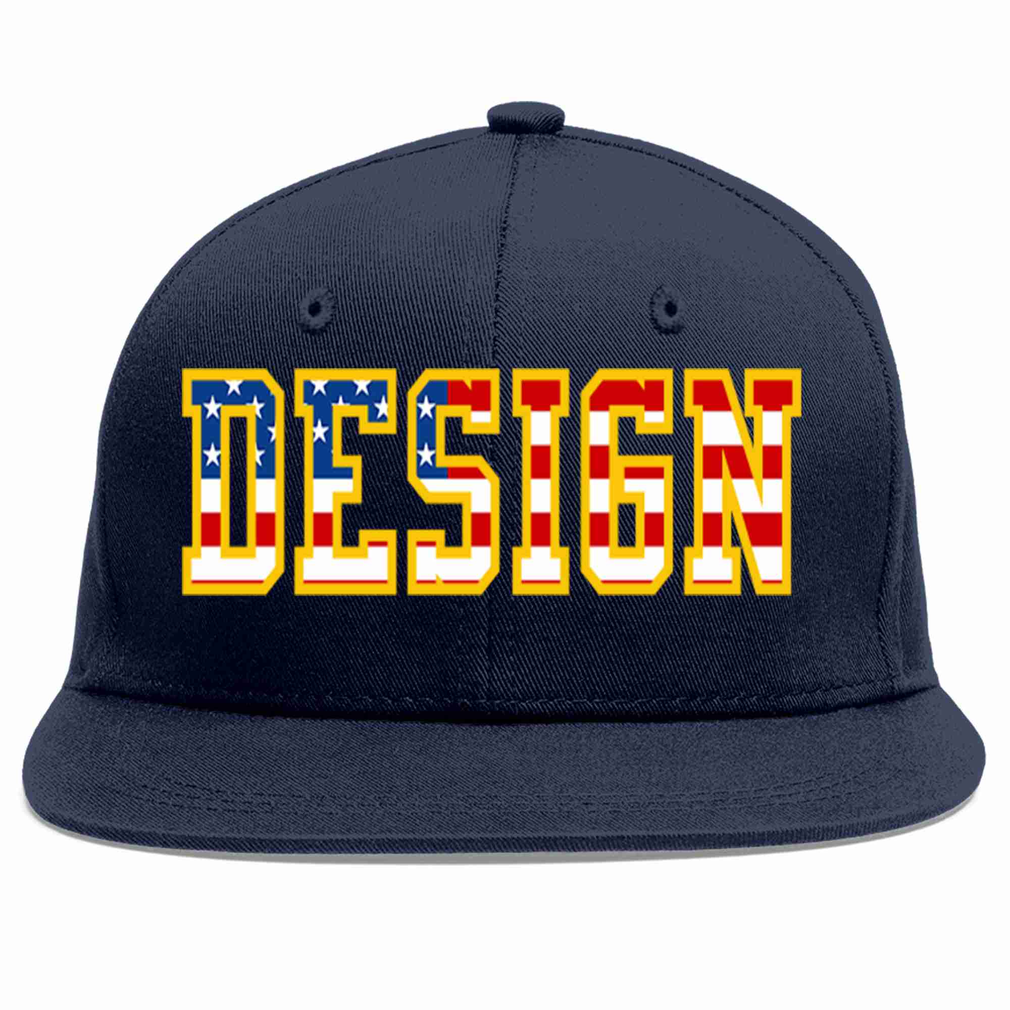 Custom Navy Vintage USA Flag-Gold Flat Eaves Sport Baseball Cap Design for Men/Women/Youth