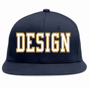 Custom Navy White-Old Gold Flat Eaves Sport Baseball Cap Design for Men/Women/Youth