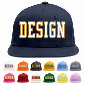 Custom Navy White-Old Gold Flat Eaves Sport Baseball Cap Design for Men/Women/Youth