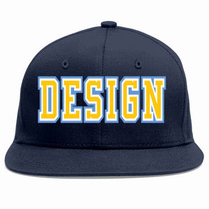 Conception personnalisée de casquette de baseball de sport à avant-toit plat bleu marine or-blanc pour hommes/femmes/jeunes