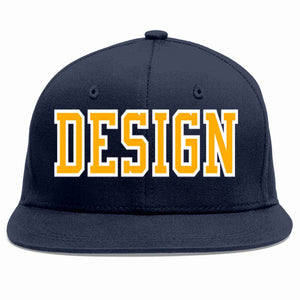 Conception personnalisée de casquette de baseball de sport à avant-toit plat jaune-blanc marine pour hommes/femmes/jeunes