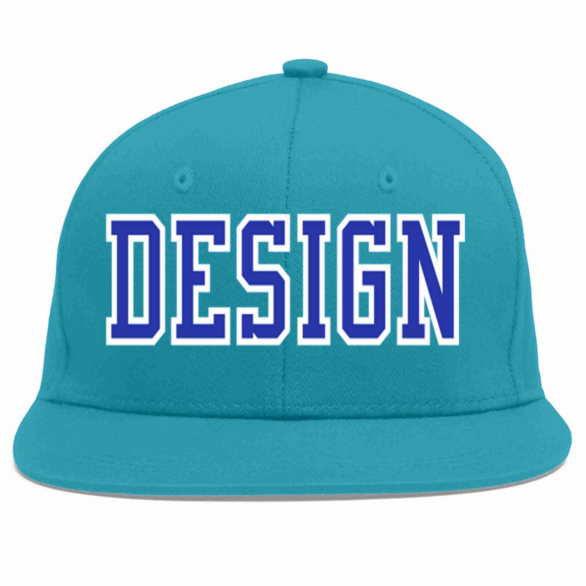 Custom Aqua Royal-White Flat Eaves Sport Baseball Cap Design for Men/Women/Youth