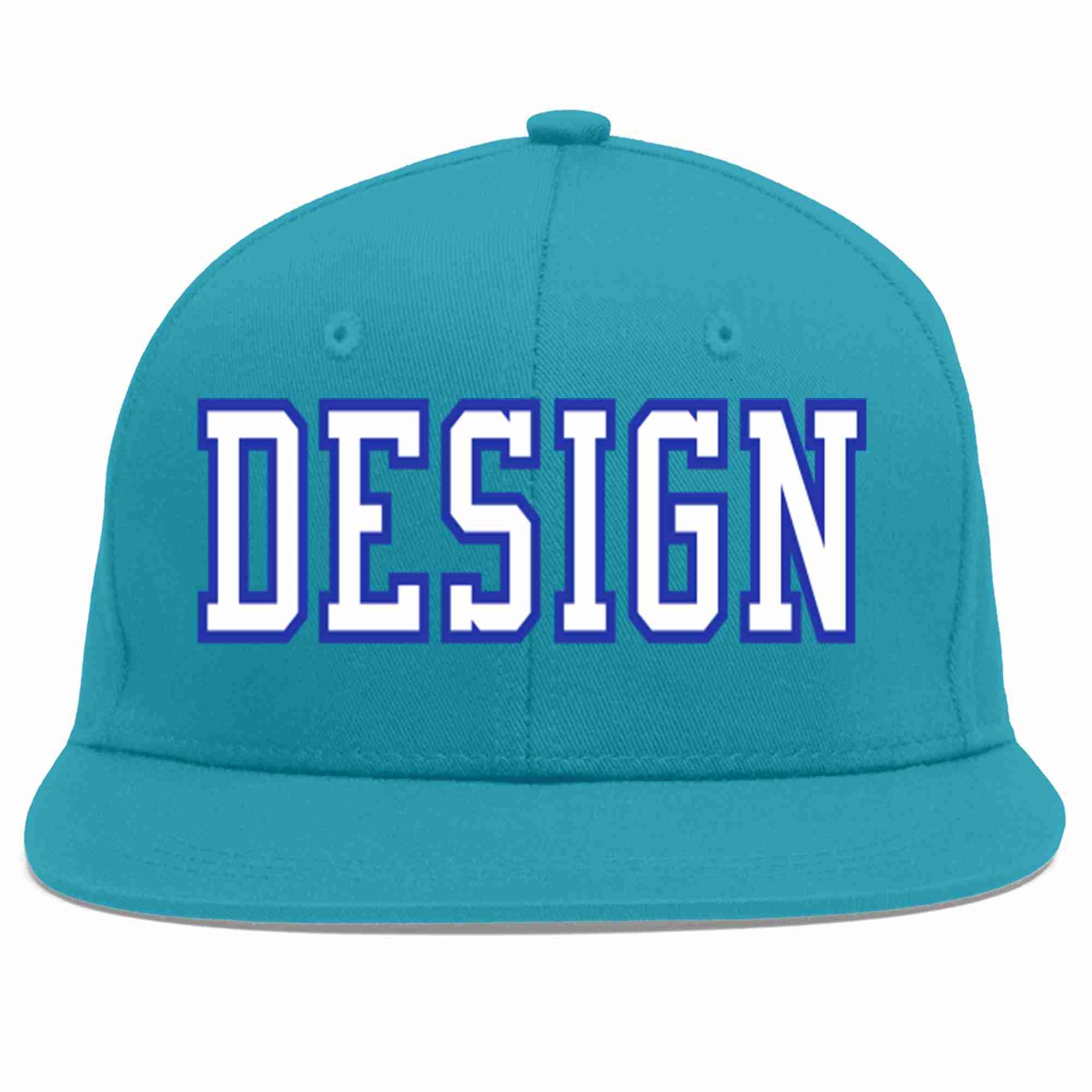 Custom Aqua White-Royal Flat Eaves Sport Baseball Cap Design for Men/Women/Youth