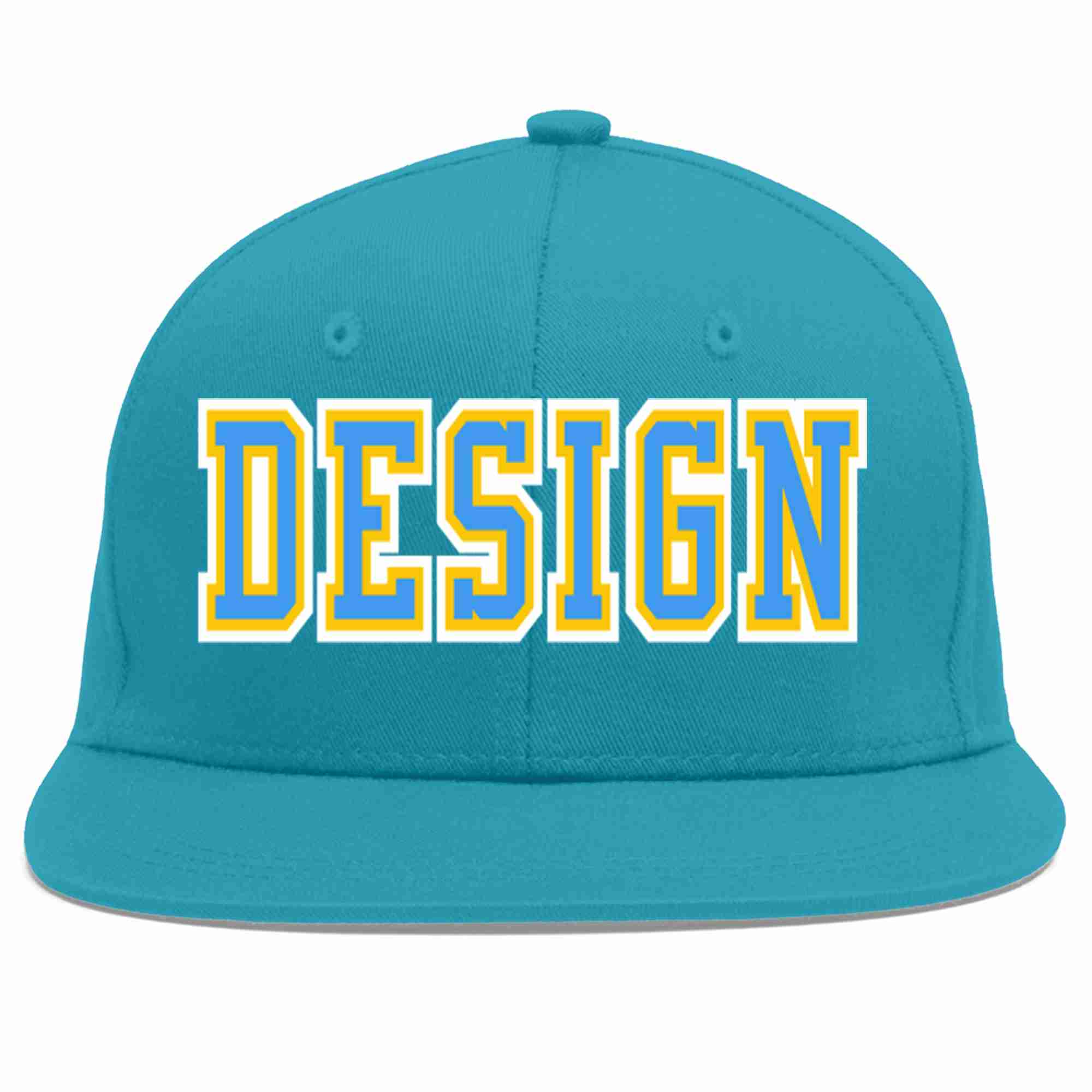 Custom Aqua Powder Blue-Gold Flat Eaves Sport Baseball Cap Design for Men/Women/Youth