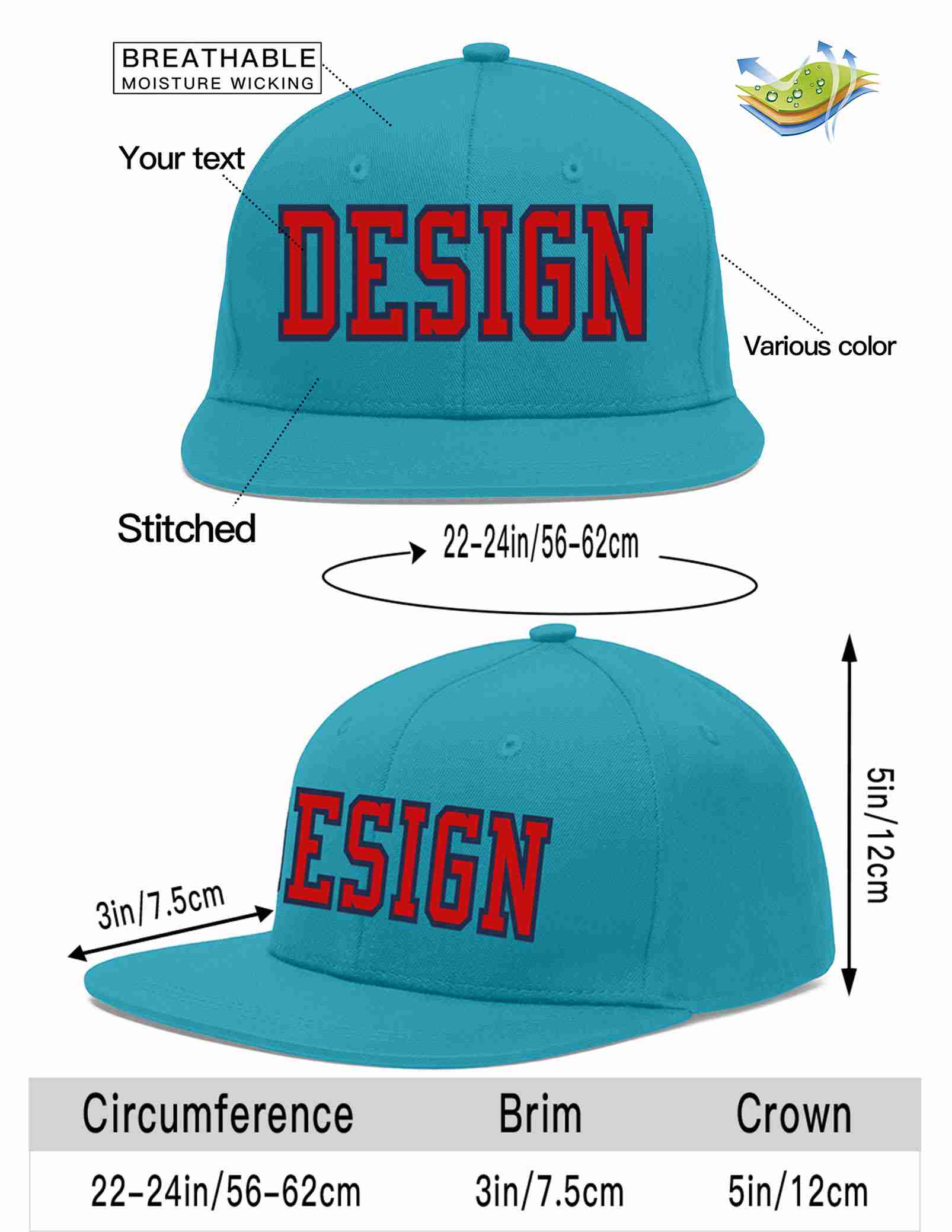 Custom Aqua Red-Navy Flat Eaves Sport Baseball Cap Design for Men/Women/Youth