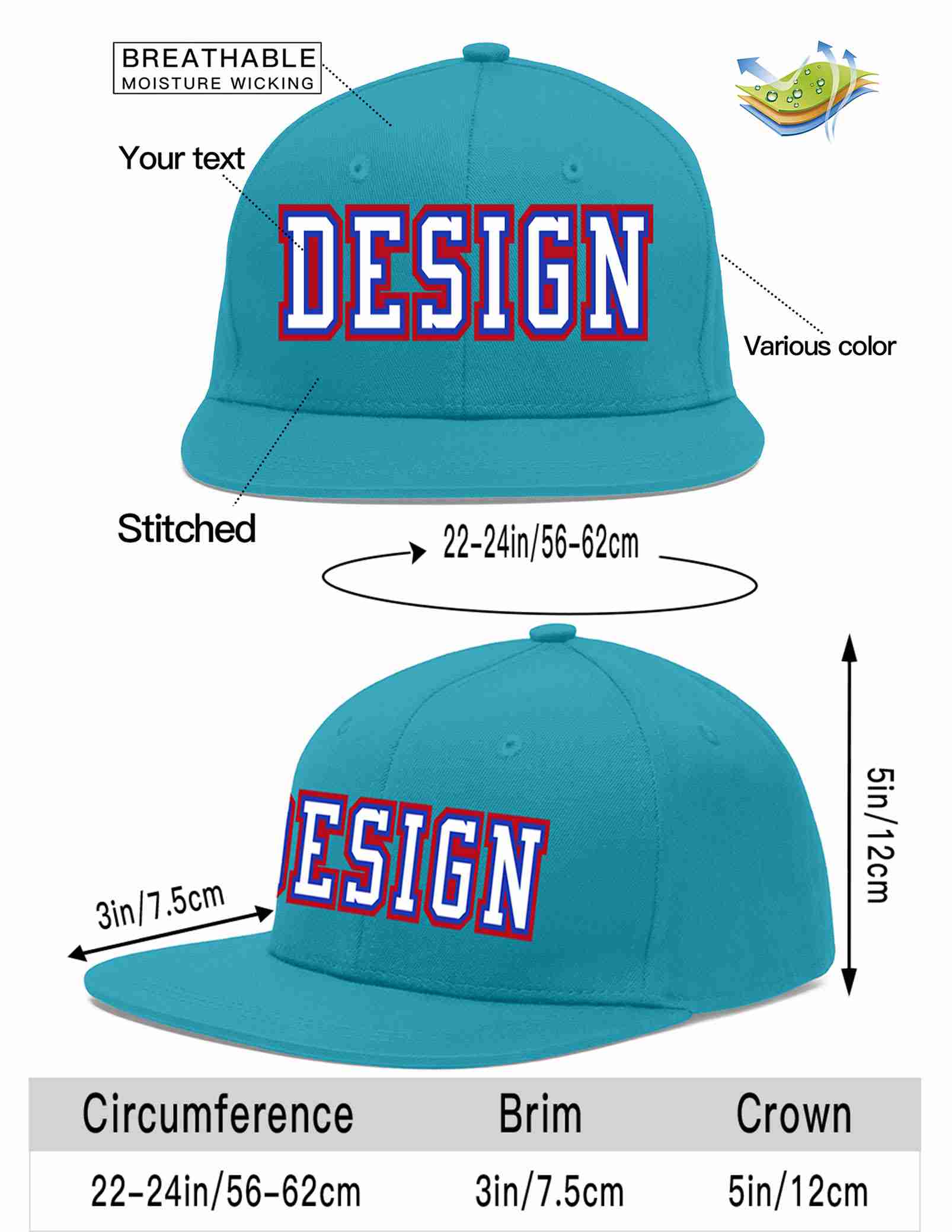 Custom Aqua White-Royal Flat Eaves Sport Baseball Cap Design for Men/Women/Youth