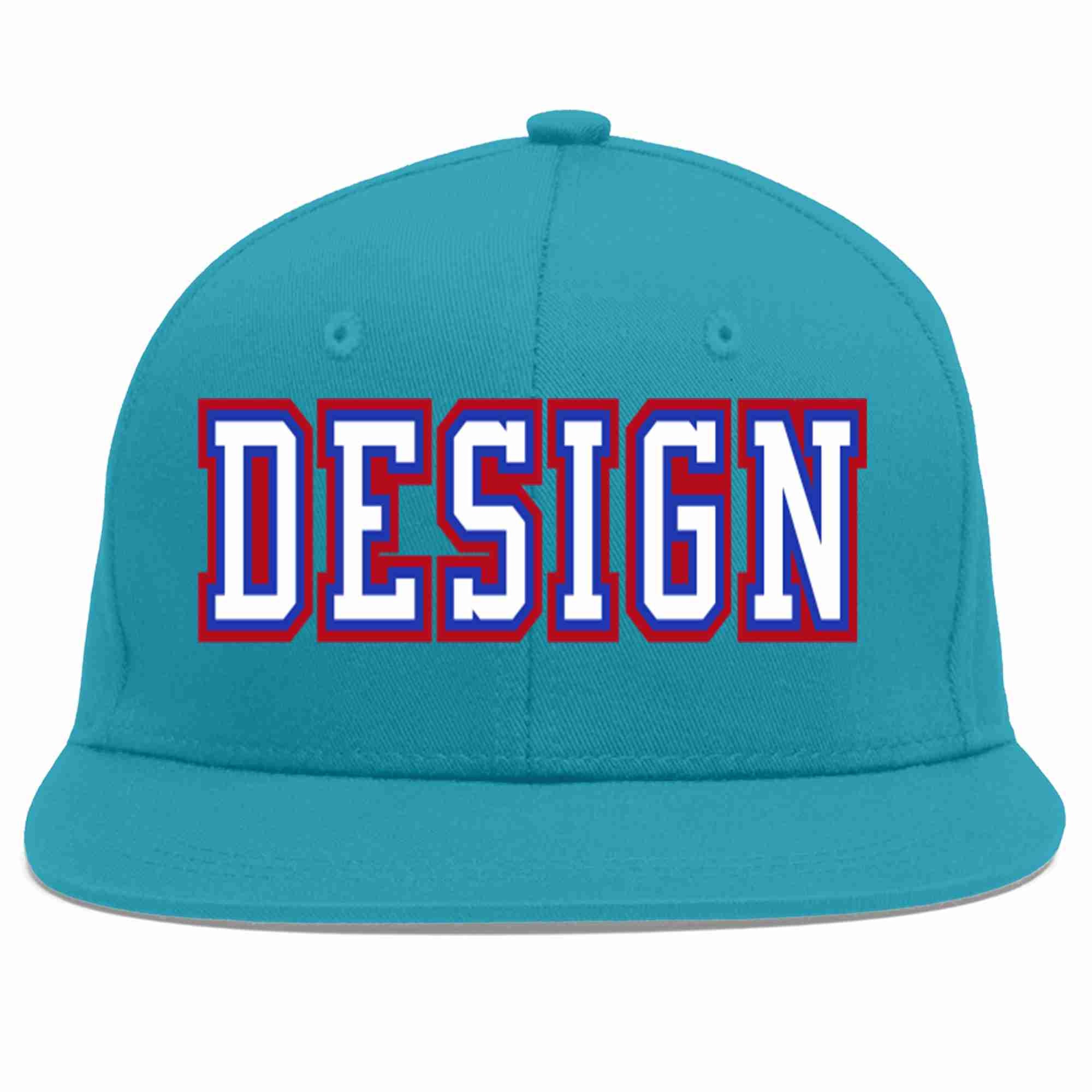 Custom Aqua White-Royal Flat Eaves Sport Baseball Cap Design for Men/Women/Youth