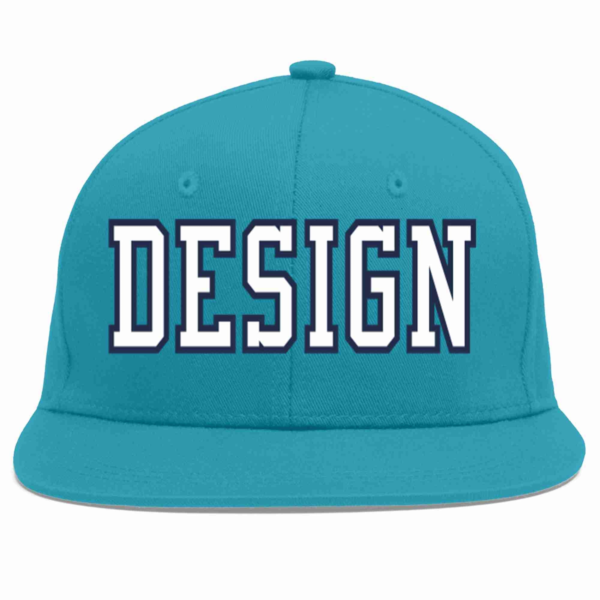 Custom Aqua White-Navy Flat Eaves Sport Baseball Cap Design for Men/Women/Youth