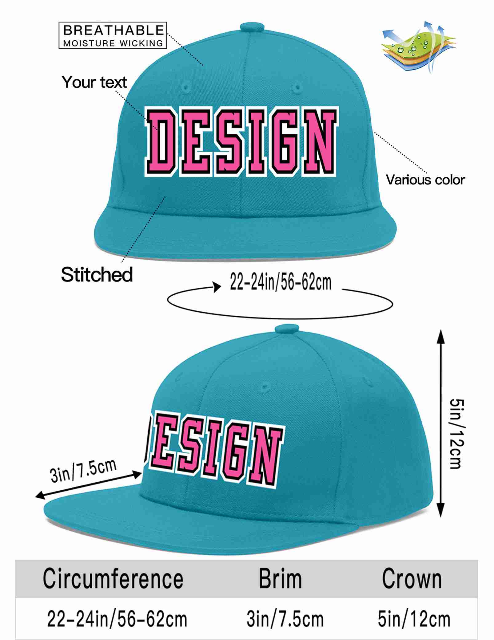 Custom Aqua Pink-White Flat Eaves Sport Baseball Cap Design for Men/Women/Youth