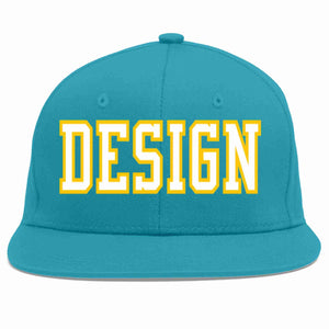 Custom Aqua White-Gold Flat Eaves Sport Baseball Cap Design for Men/Women/Youth