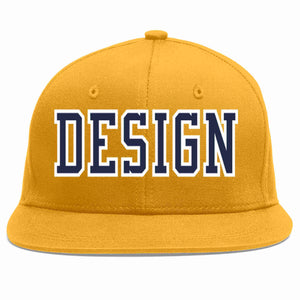 Custom Gold Navy-White Flat Eaves Sport Baseball Cap Design for Men/Women/Youth