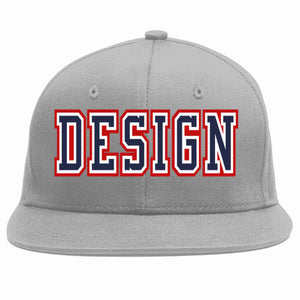 Custom Gray Navy-White Flat Eaves Sport Baseball Cap Design for Men/Women/Youth