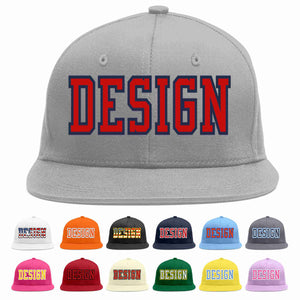 Custom Gray Red-Navy Flat Eaves Sport Baseball Cap Design for Men/Women/Youth