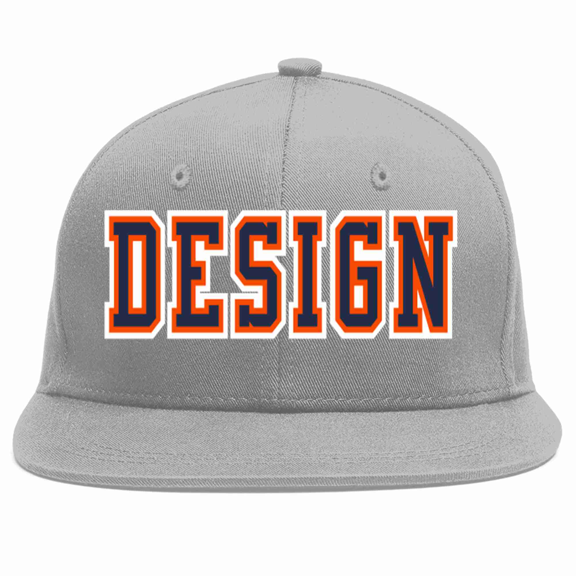 Custom Gray Navy-Orange Flat Eaves Sport Baseball Cap Design for Men/Women/Youth