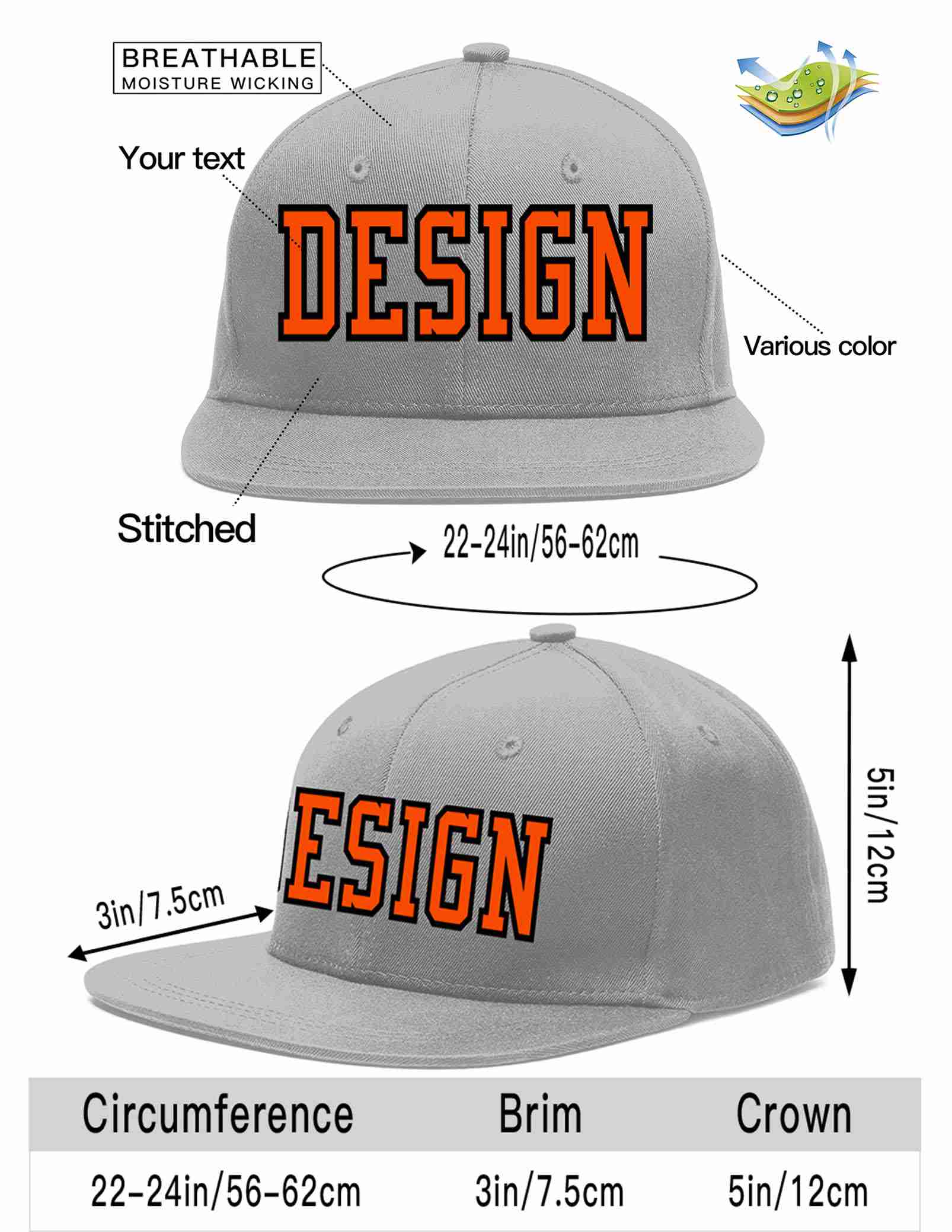 Conception personnalisée de casquette de baseball de sport à avant-toit plat gris orange-noir pour hommes/femmes/jeunes