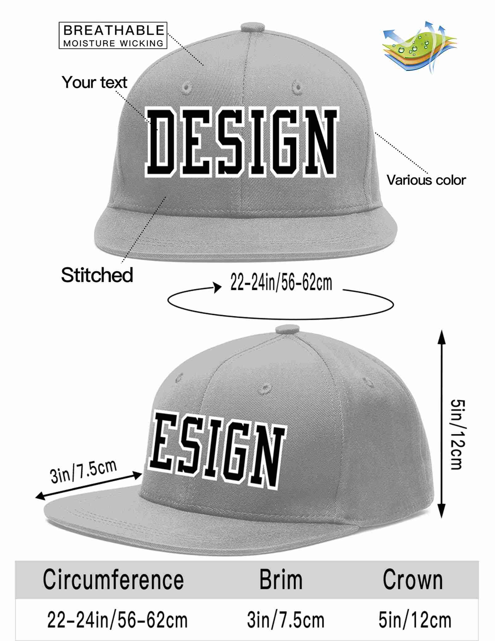 Custom Gray Black-White Flat Eaves Sport Baseball Cap Design for Men/Women/Youth