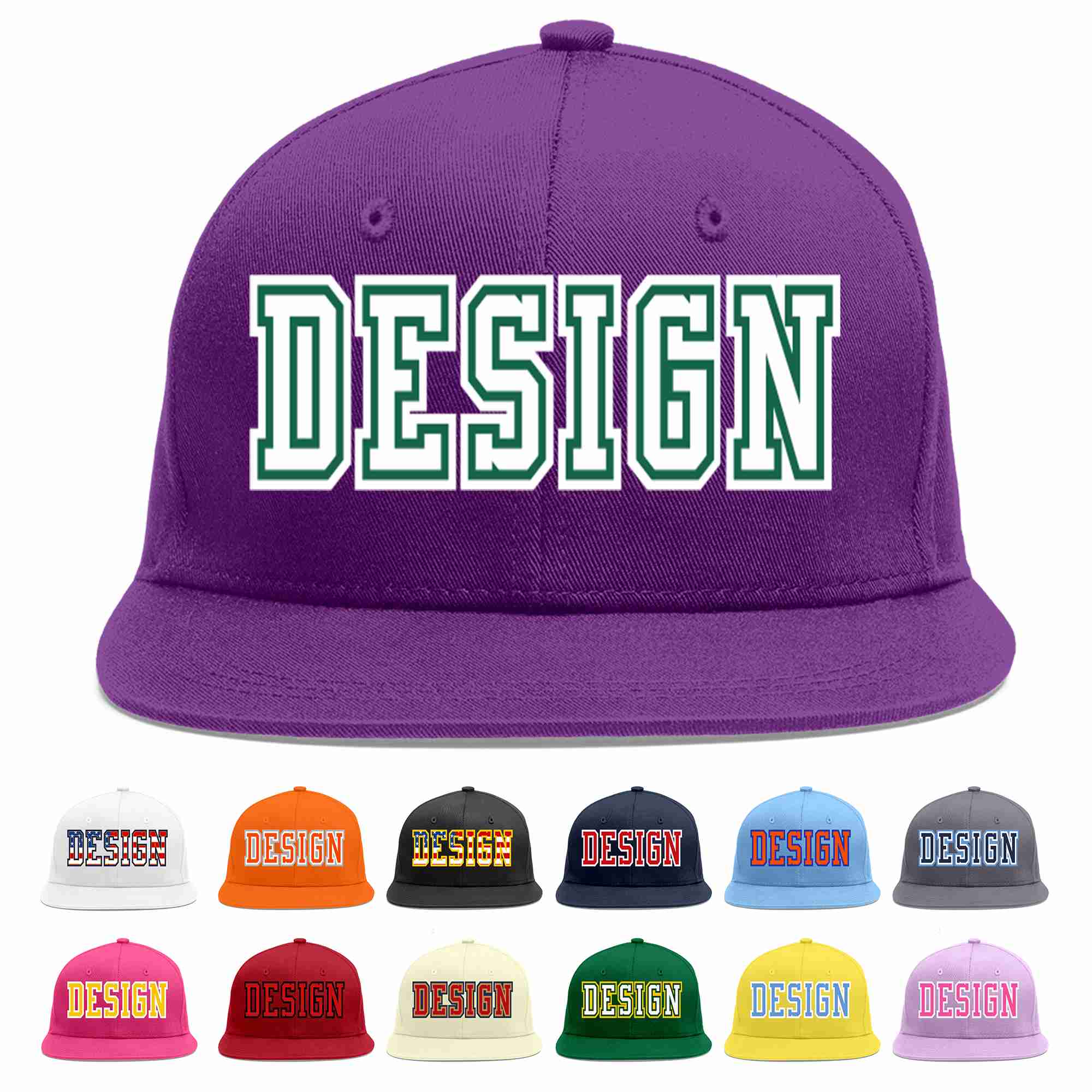 Conception personnalisée de casquette de baseball de sport à avant-toit plat violet blanc-vert Kelly pour hommes/femmes/jeunes