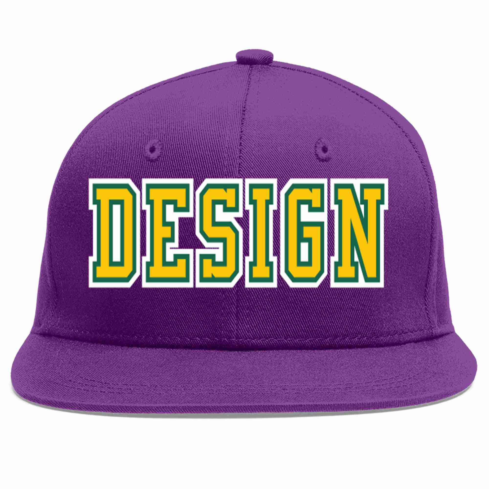 Custom Purple Gold-Kelly Green Flat Eaves Sport Baseball Cap Design for Men/Women/Youth