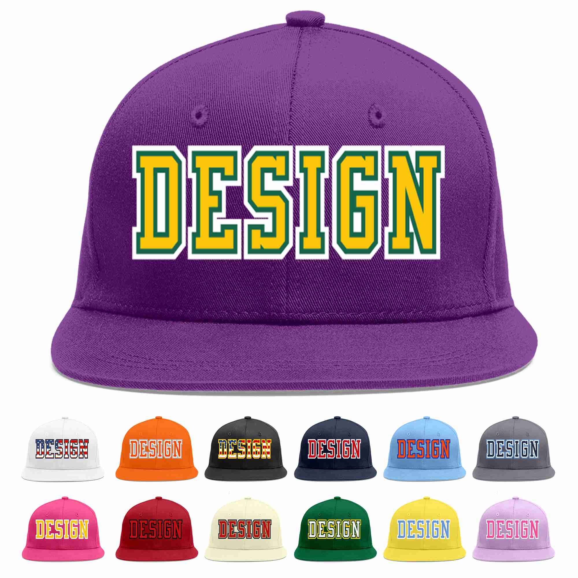 Custom Purple Gold-Kelly Green Flat Eaves Sport Baseball Cap Design for Men/Women/Youth