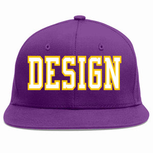 Custom Purple White-Gold Flat Eaves Sport Baseball Cap Design for Men/Women/Youth