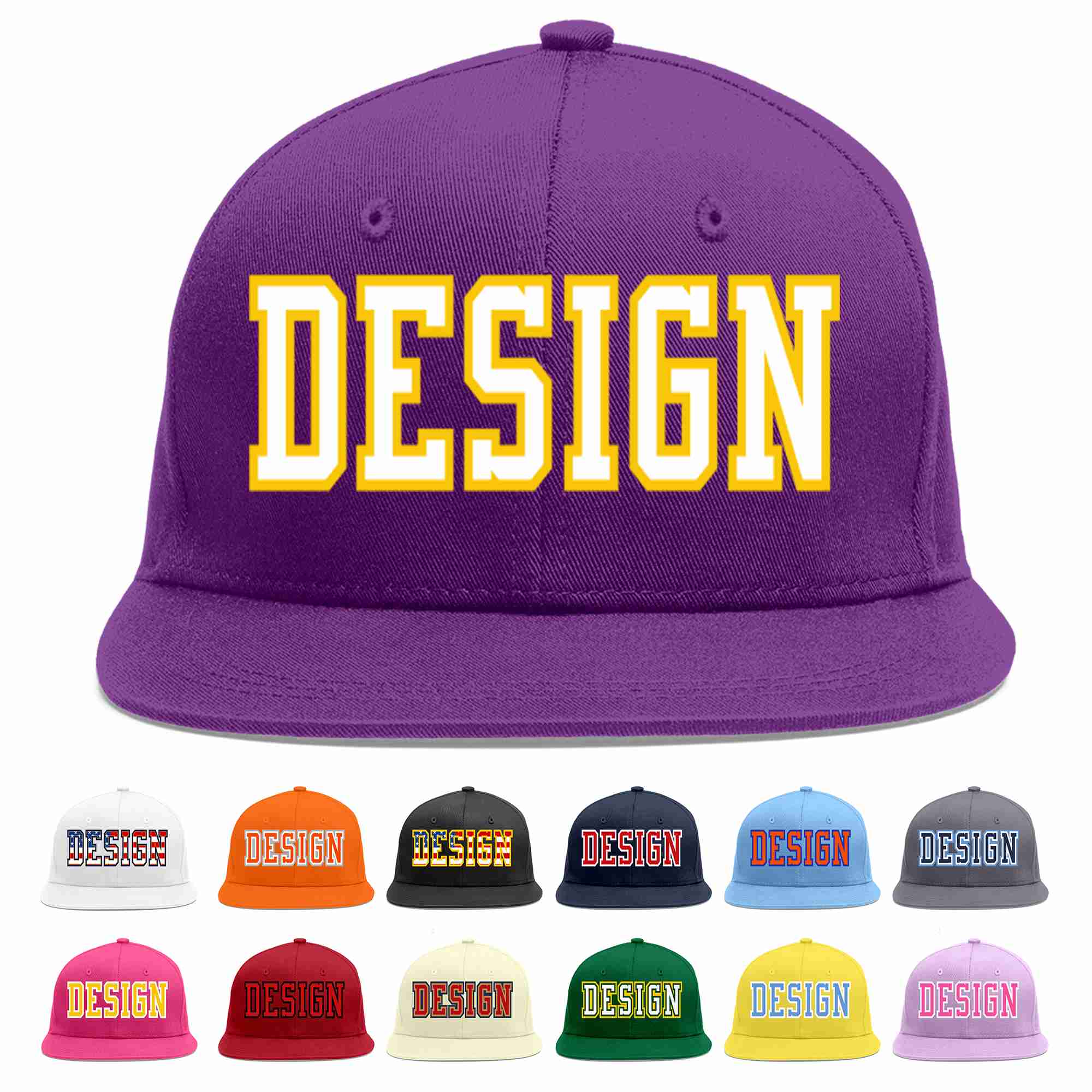 Custom Purple White-Gold Flat Eaves Sport Baseball Cap Design for Men/Women/Youth