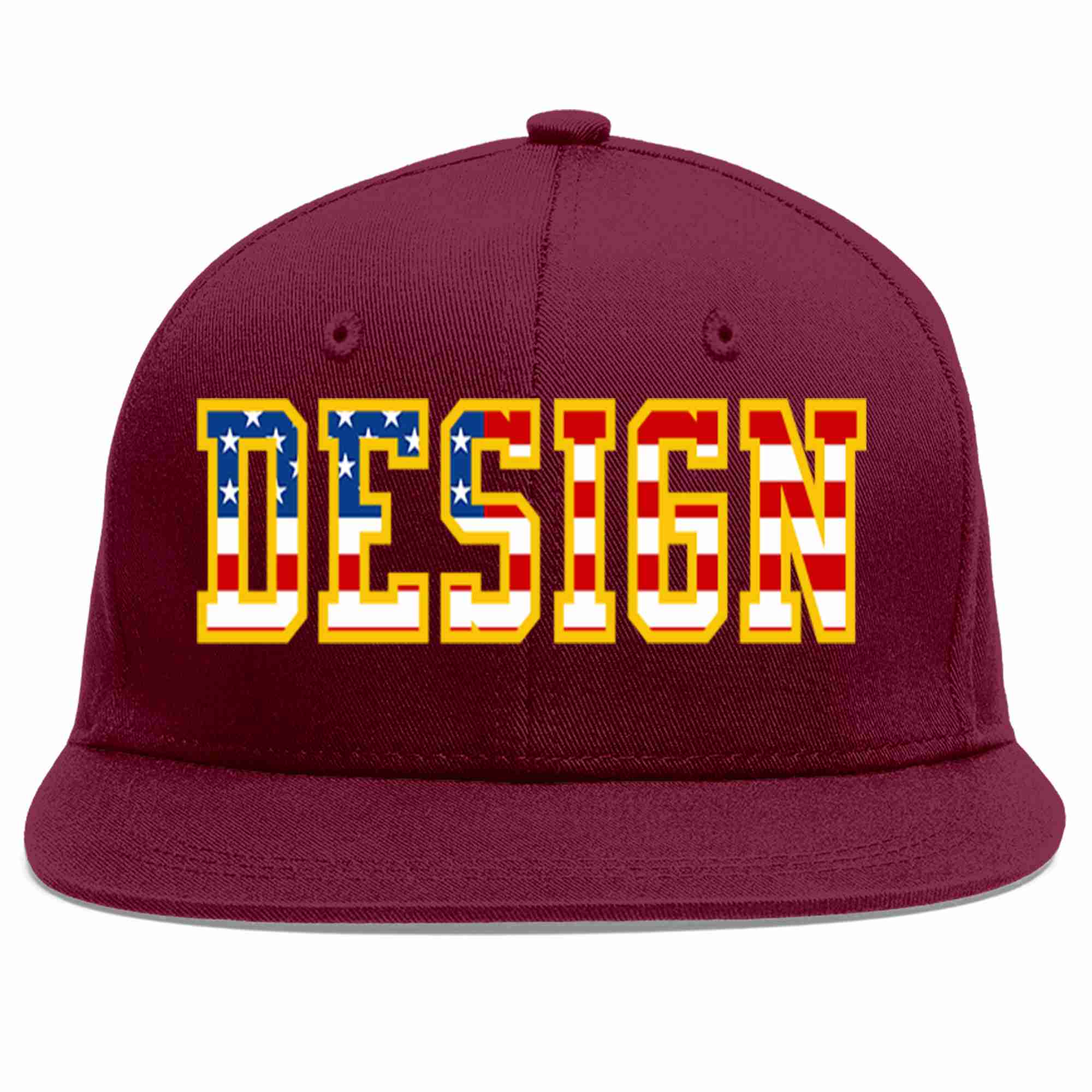 Custom Crimson Vintage USA Flag-Gold Flat Eaves Sport Baseball Cap Design for Men/Women/Youth