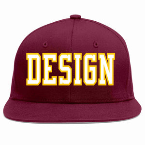 Custom Crimson White-Gold Flat Eaves Sport Baseball Cap Design for Men/Women/Youth