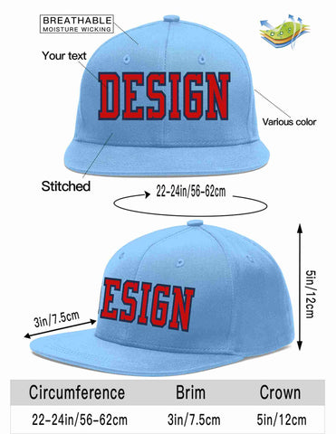 Custom Light Blue Red-Navy Flat Eaves Sport Baseball Cap Design for Men/Women/Youth
