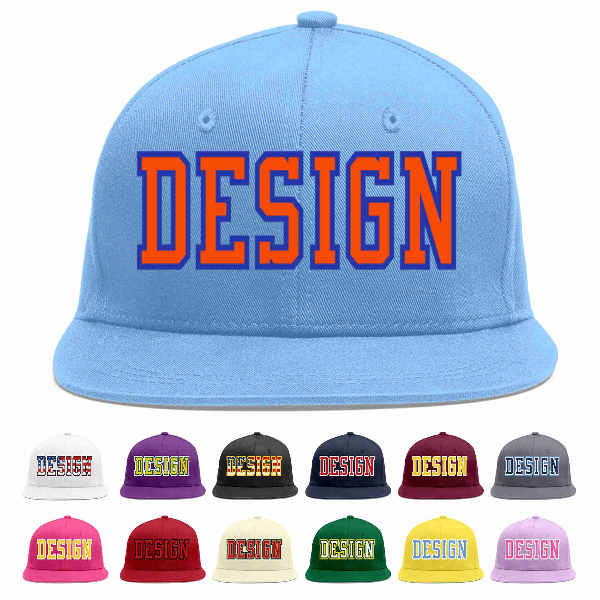 Custom Light Blue Orange-Royal Flat Eaves Sport Baseball Cap Design for Men/Women/Youth