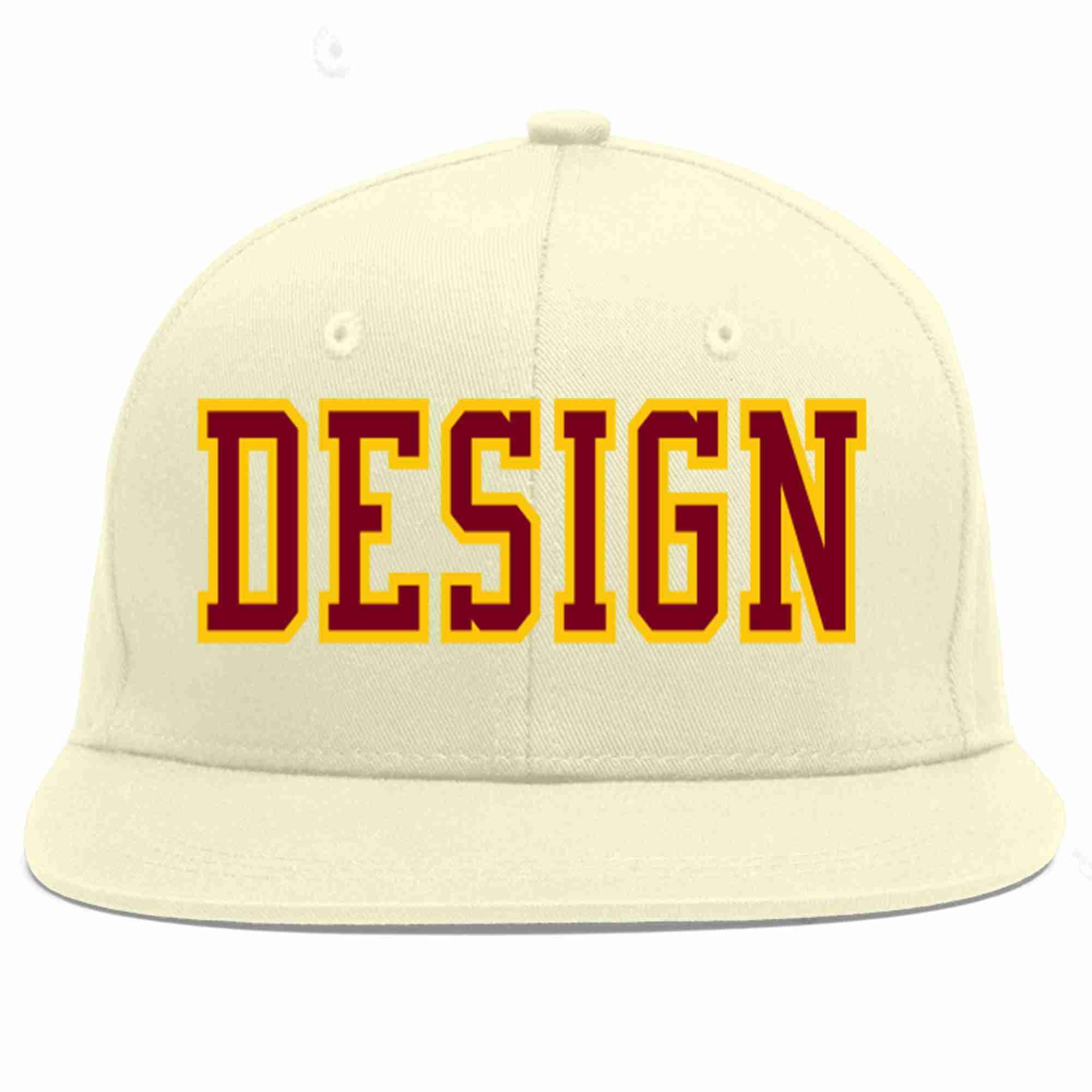 Custom Cream Crimson-Gold Flat Eaves Sport Baseball Cap Design for Men/Women/Youth