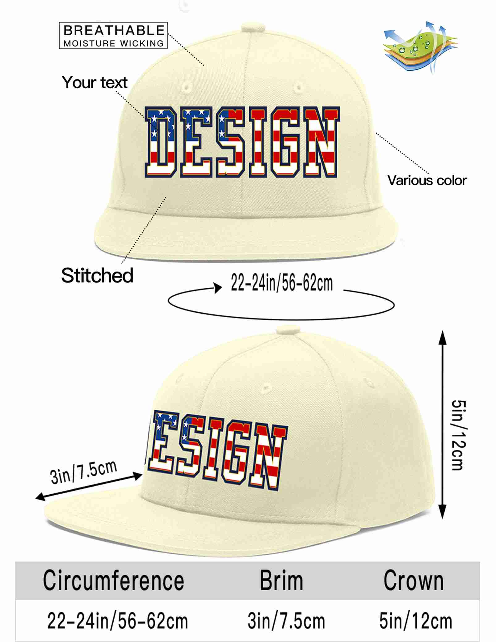 Custom Cream Vintage USA Flag-Gold Flat Eaves Sport Baseball Cap Design for Men/Women/Youth