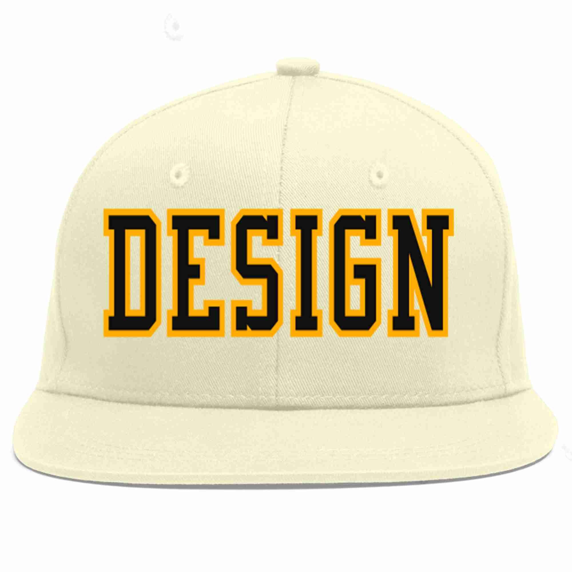 Custom Cream Black-Yellow Flat Eaves Sport Baseball Cap Design for Men/Women/Youth