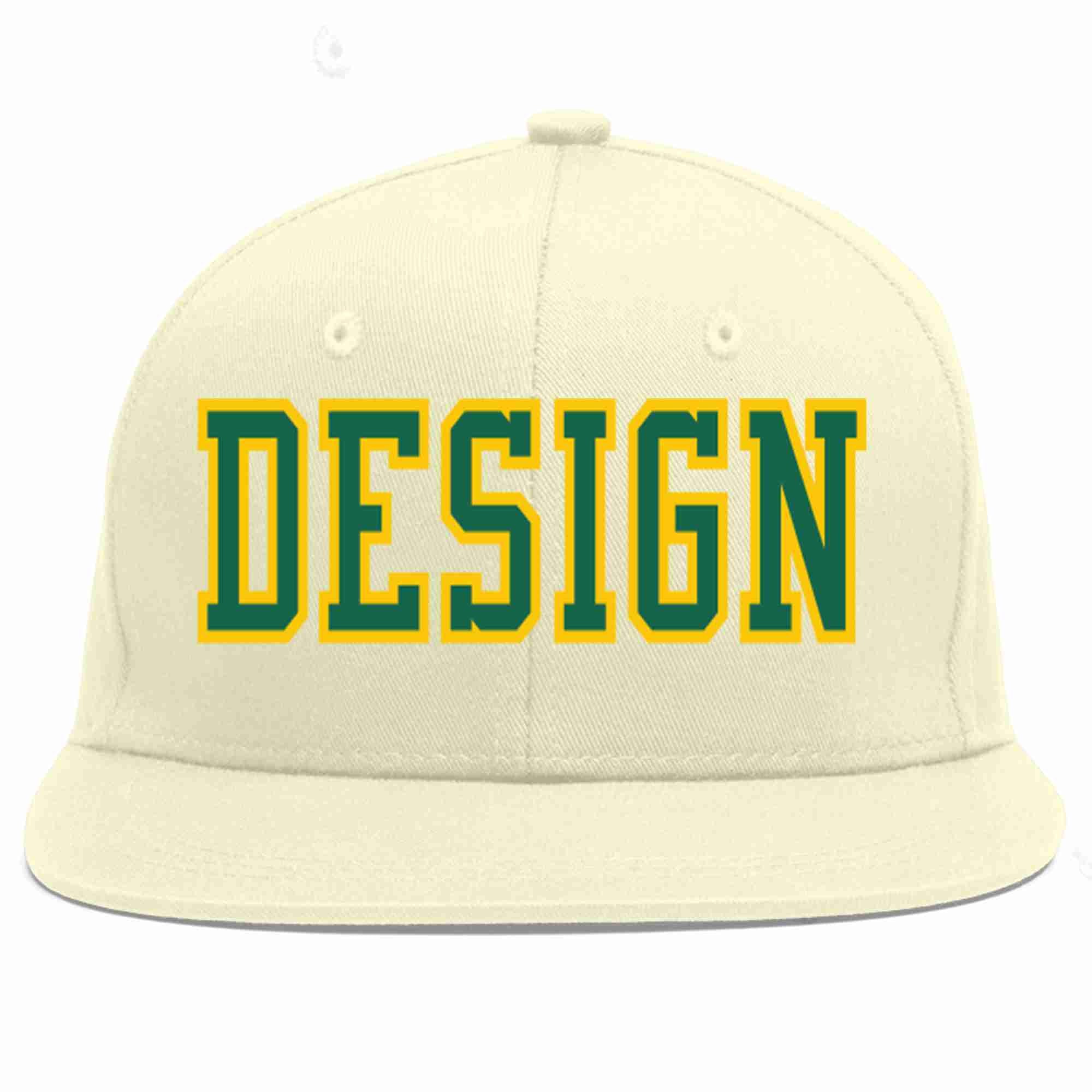 Custom Cream Kelly Green-Gold Flat Eaves Sport Baseball Cap Design for Men/Women/Youth