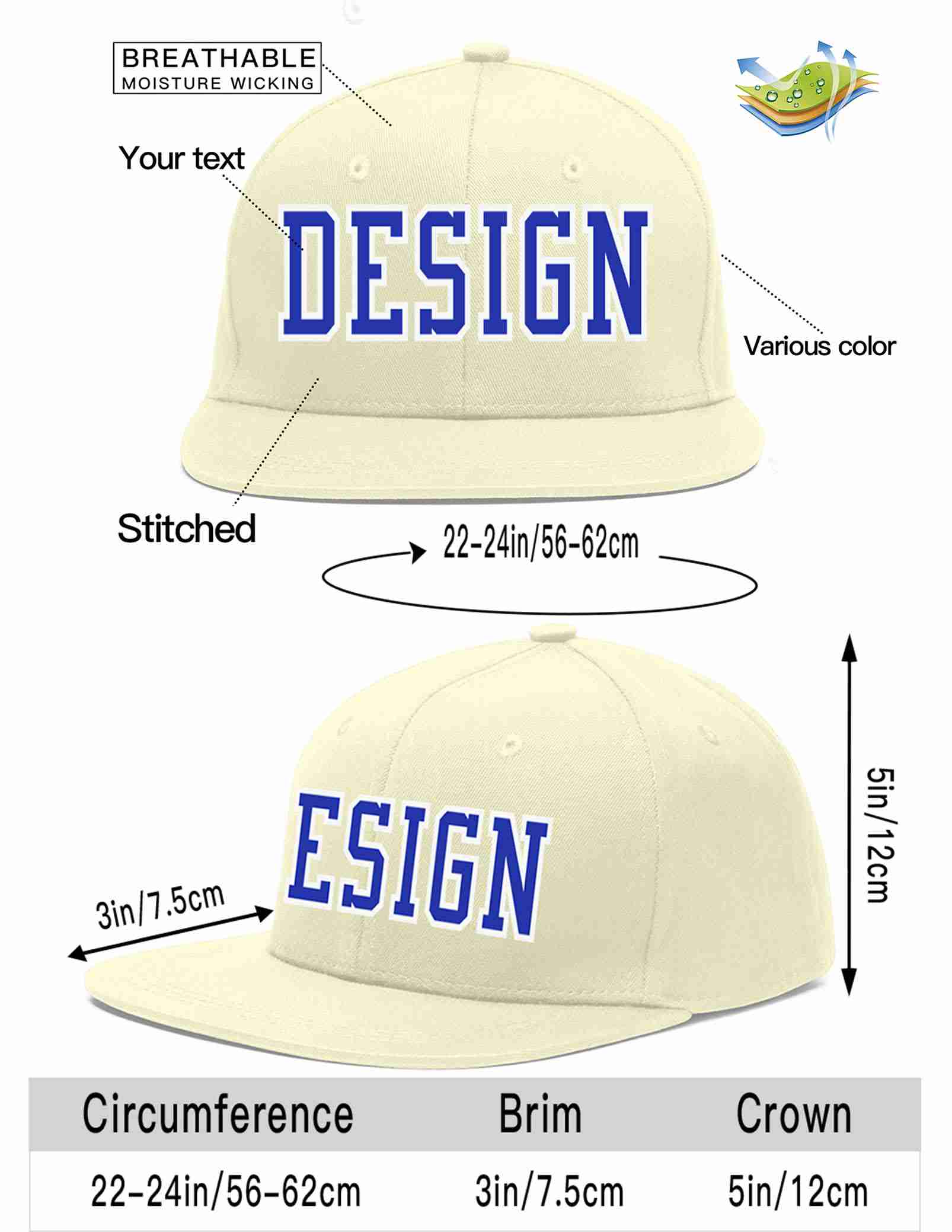 Custom Cream Royal-White Flat Eaves Sport Baseball Cap Design for Men/Women/Youth