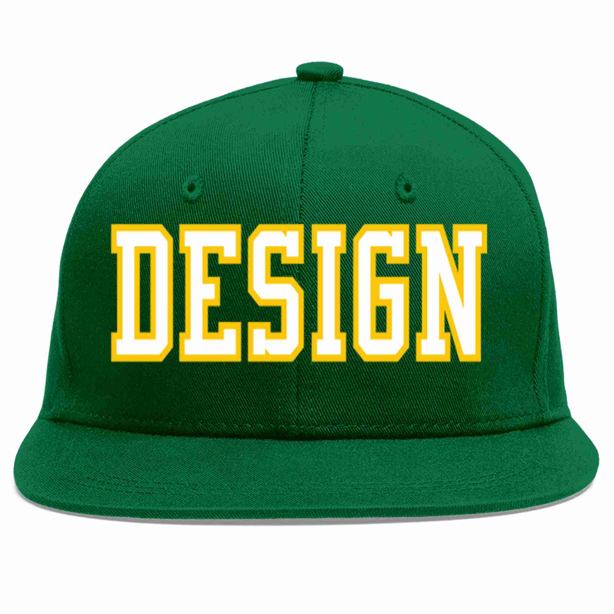 Custom Green White-Gold Flat Eaves Sport Baseball Cap Design for Men/Women/Youth