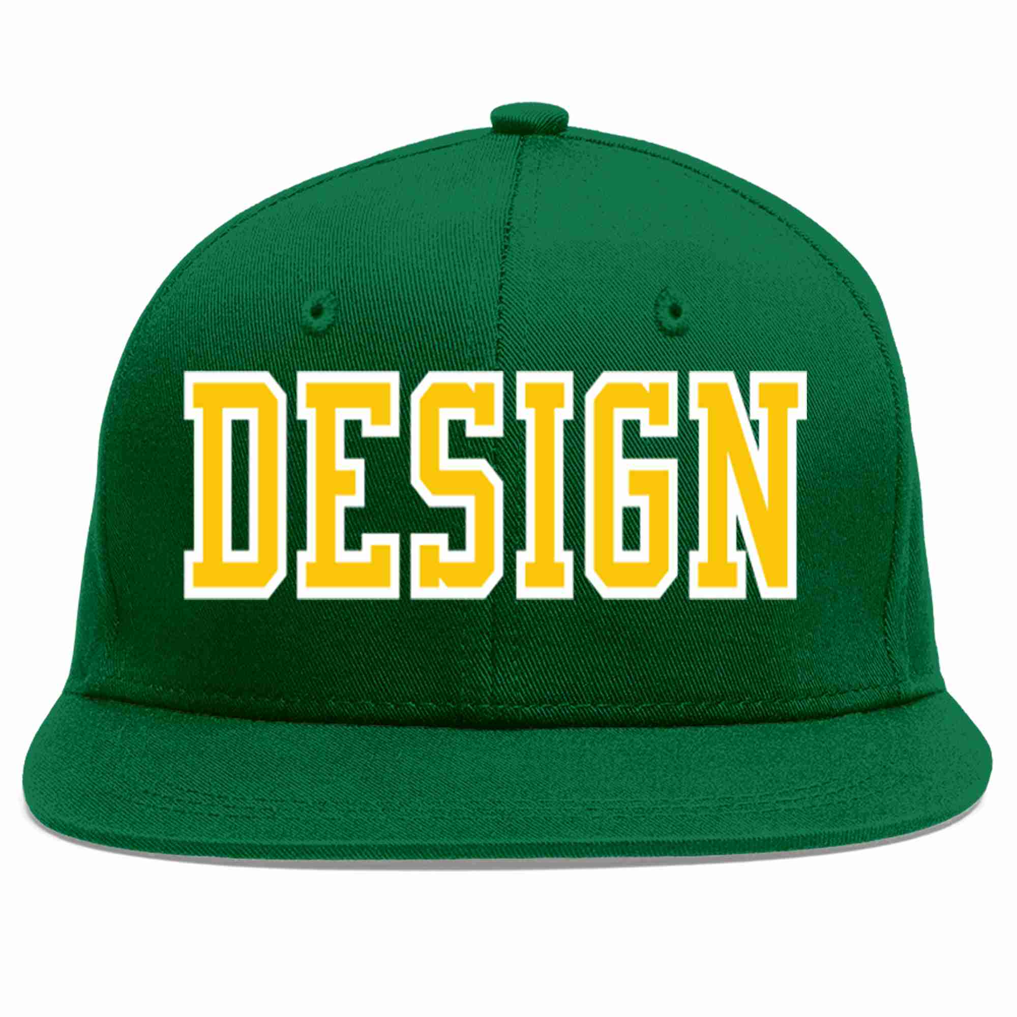 Conception personnalisée de casquette de baseball de sport à avant-toit plat vert or-blanc pour hommes/femmes/jeunes