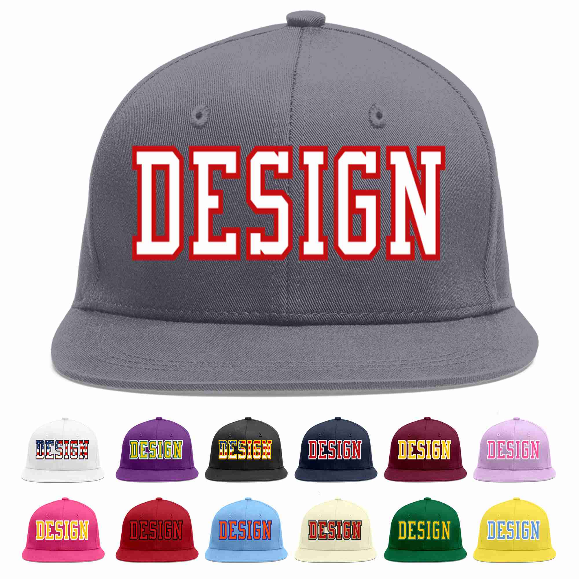 Custom Dark Gray White-Red Flat Eaves Sport Baseball Cap Design for Men/Women/Youth