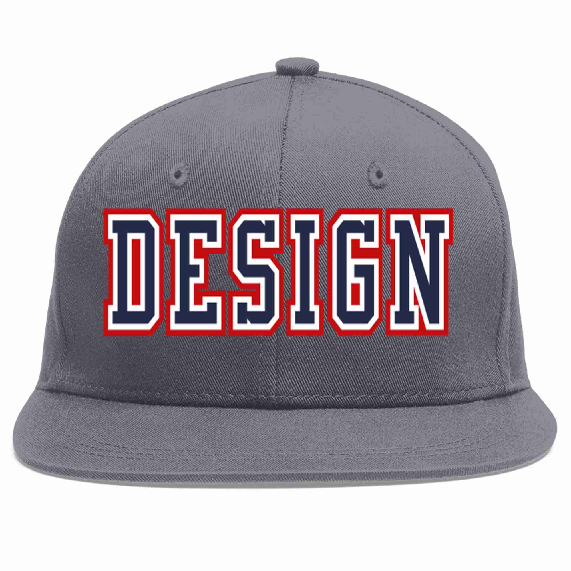 Custom Dark Gray Navy-White Flat Eaves Sport Baseball Cap Design for Men/Women/Youth