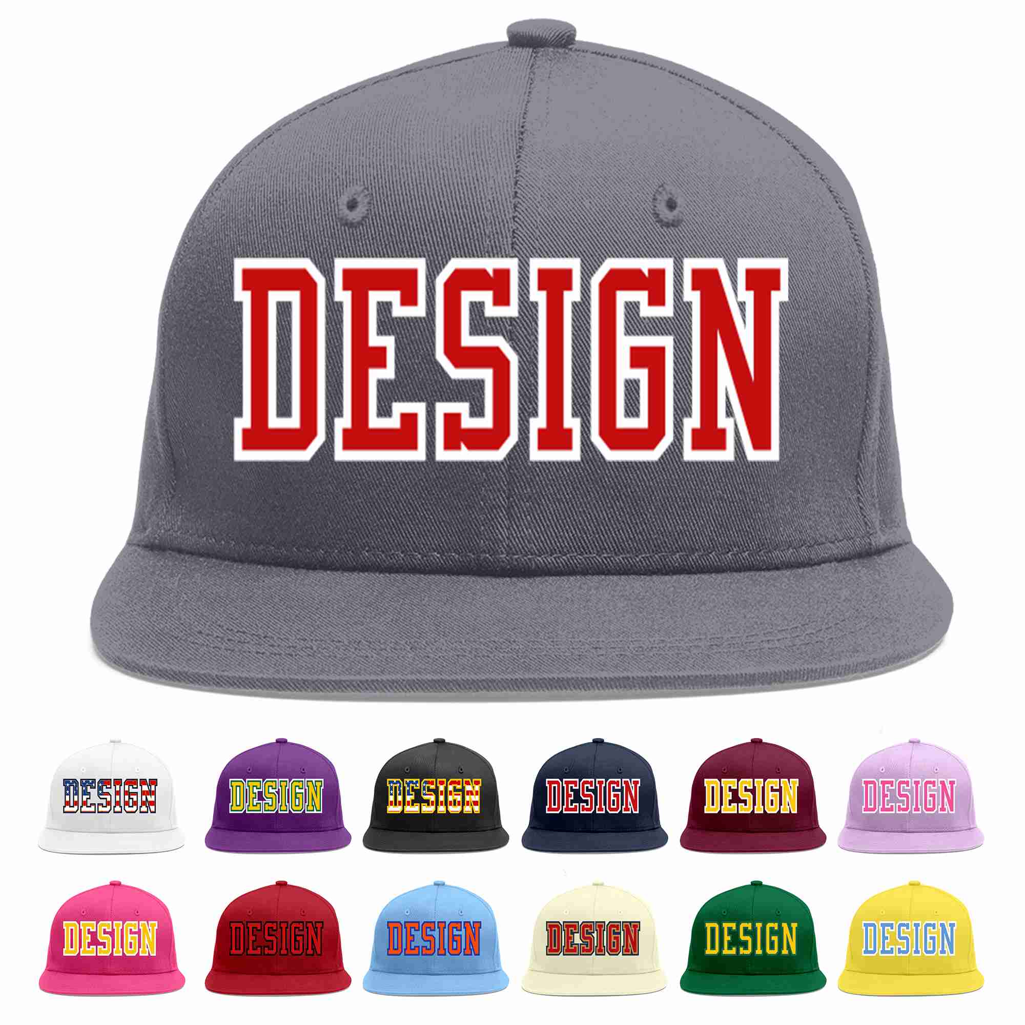 Custom Dark Gray Red-White Flat Eaves Sport Baseball Cap Design for Men/Women/Youth