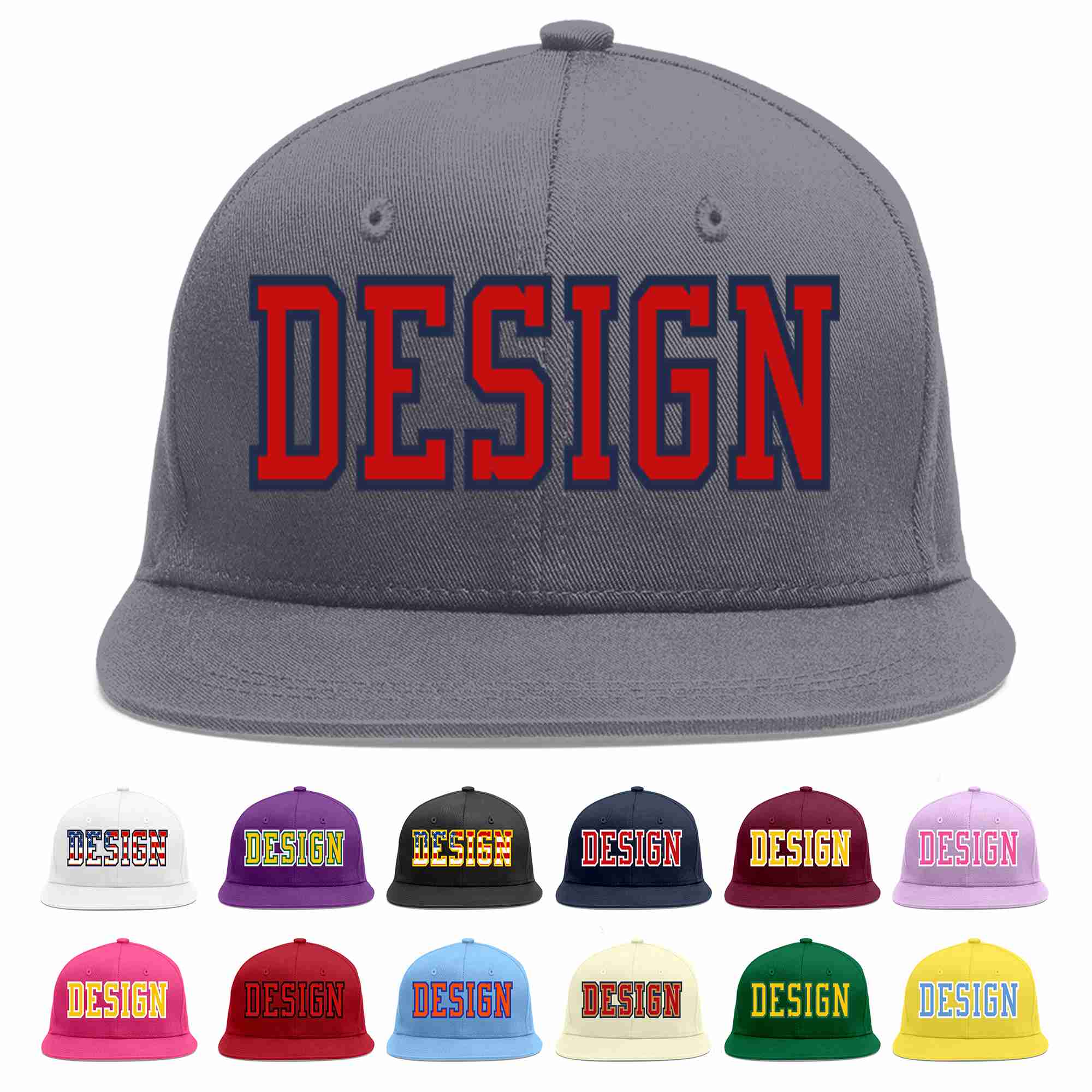 Custom Dark Gray Red-Navy Flat Eaves Sport Baseball Cap Design for Men/Women/Youth