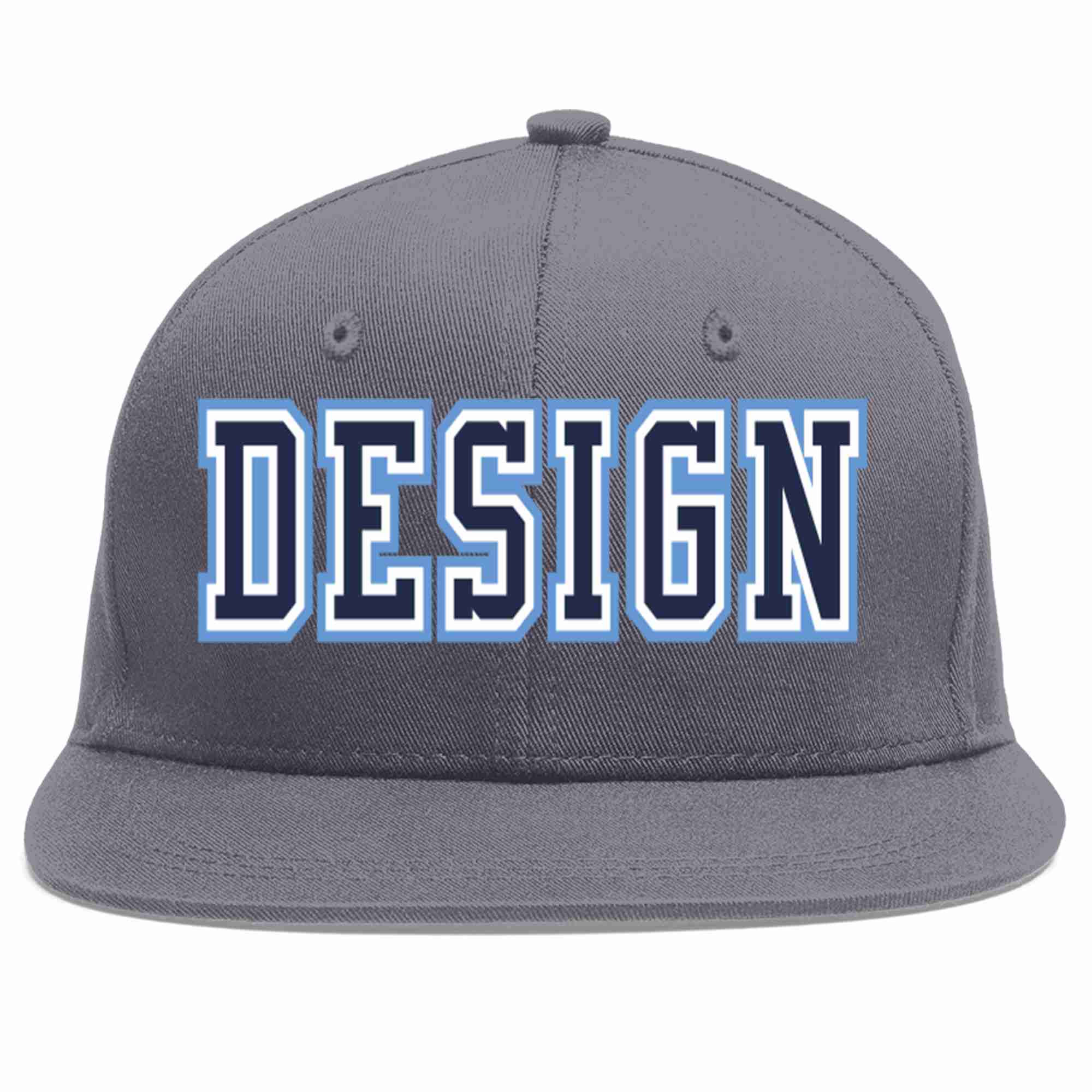 Custom Dark Gray Navy-White Flat Eaves Sport Baseball Cap Design for Men/Women/Youth