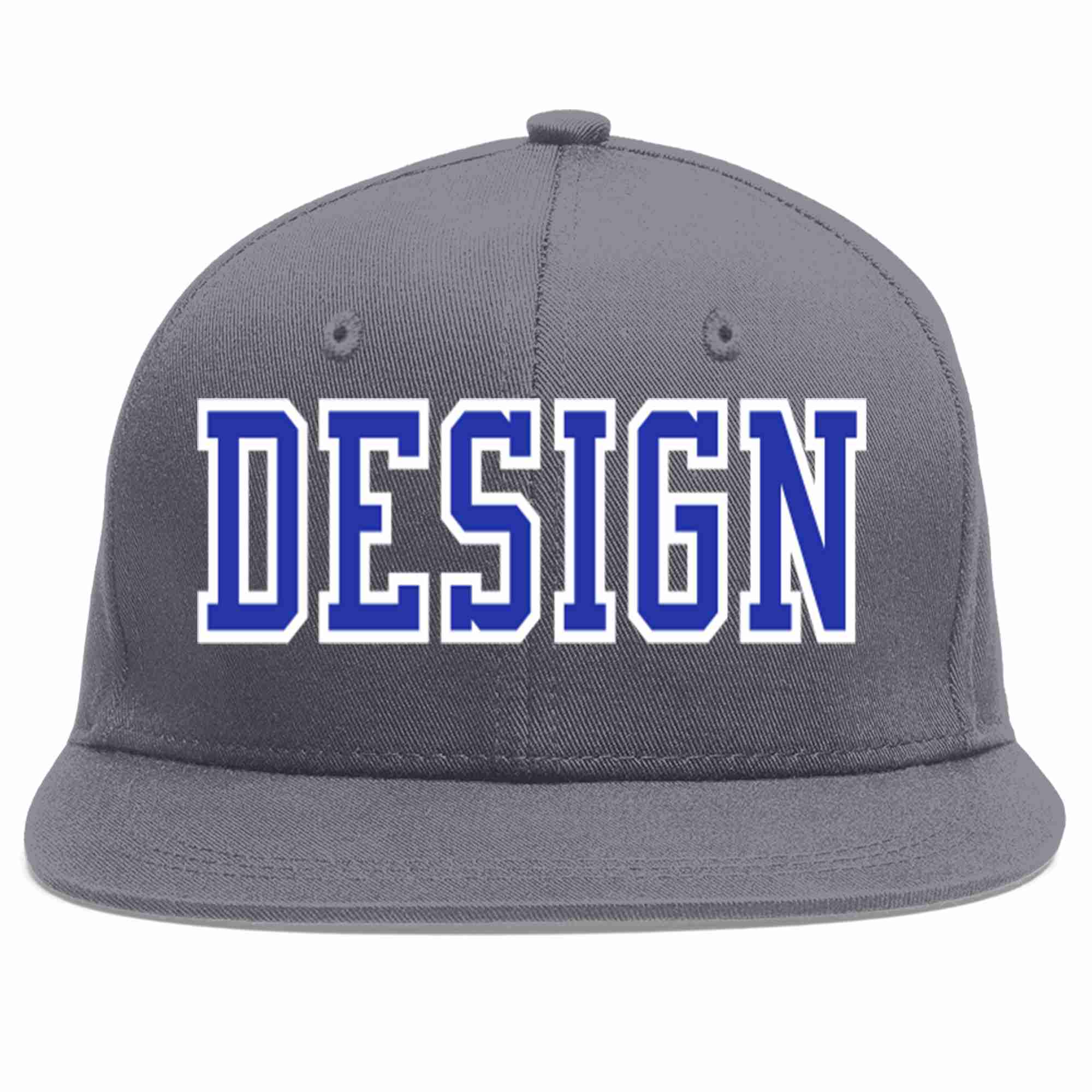 Custom Dark Gray Royal-White Flat Eaves Sport Baseball Cap Design for Men/Women/Youth