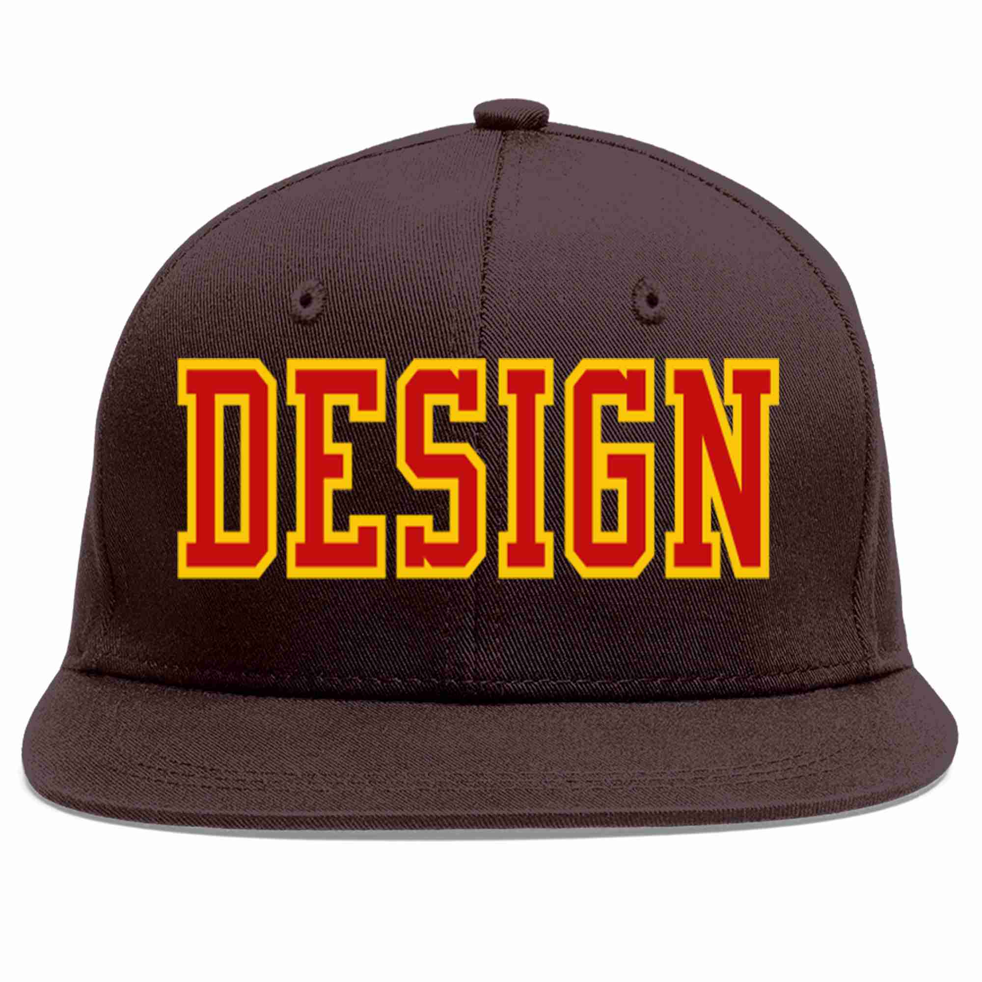 Conception personnalisée de casquette de baseball de sport à Eaves plates marron rouge-jaune pour hommes/femmes/jeunes