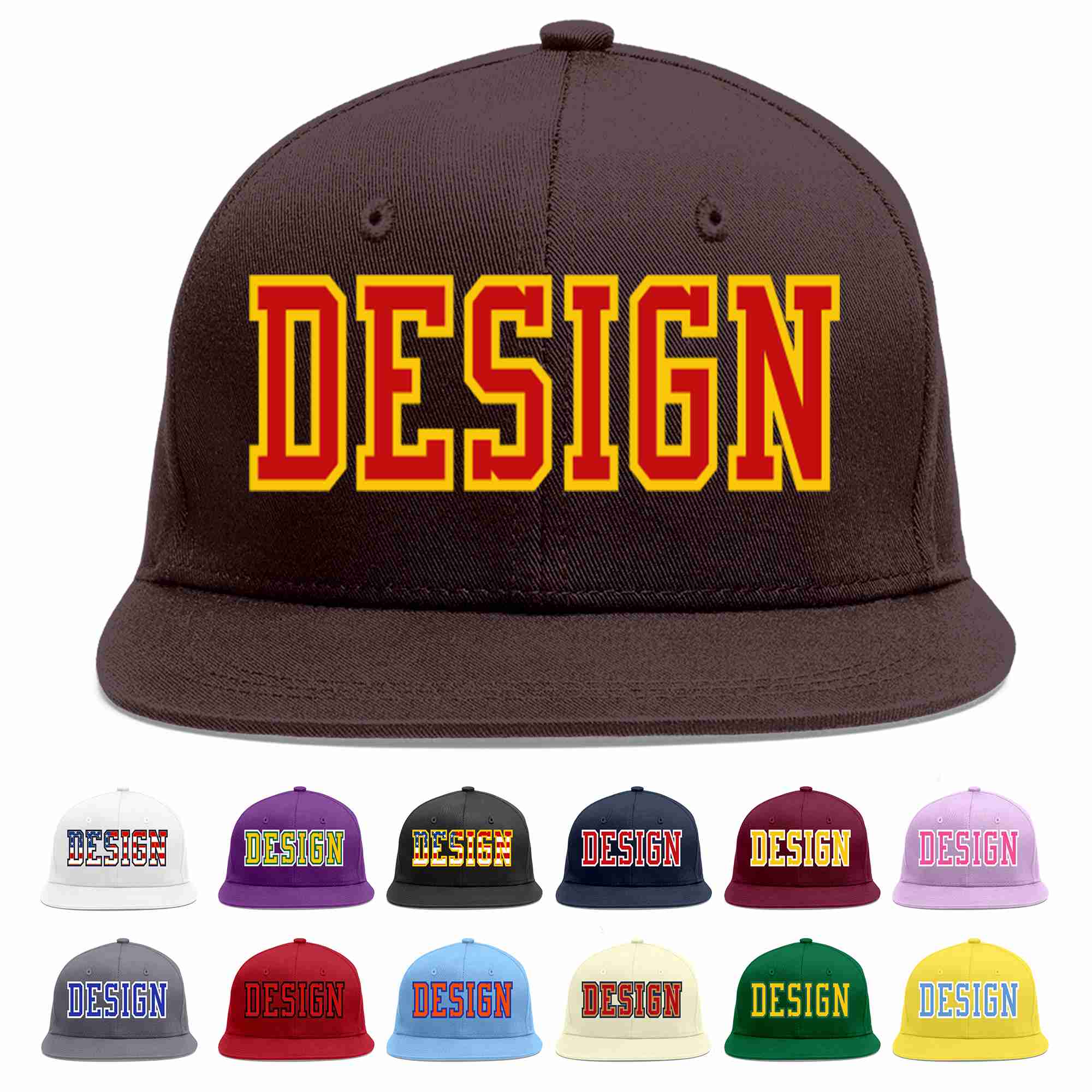 Conception personnalisée de casquette de baseball de sport à Eaves plates marron rouge-jaune pour hommes/femmes/jeunes