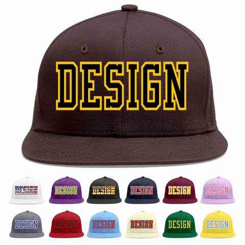 Custom Brown Black-Gold Flat Eaves Sport Baseball Cap Design for Men/Women/Youth