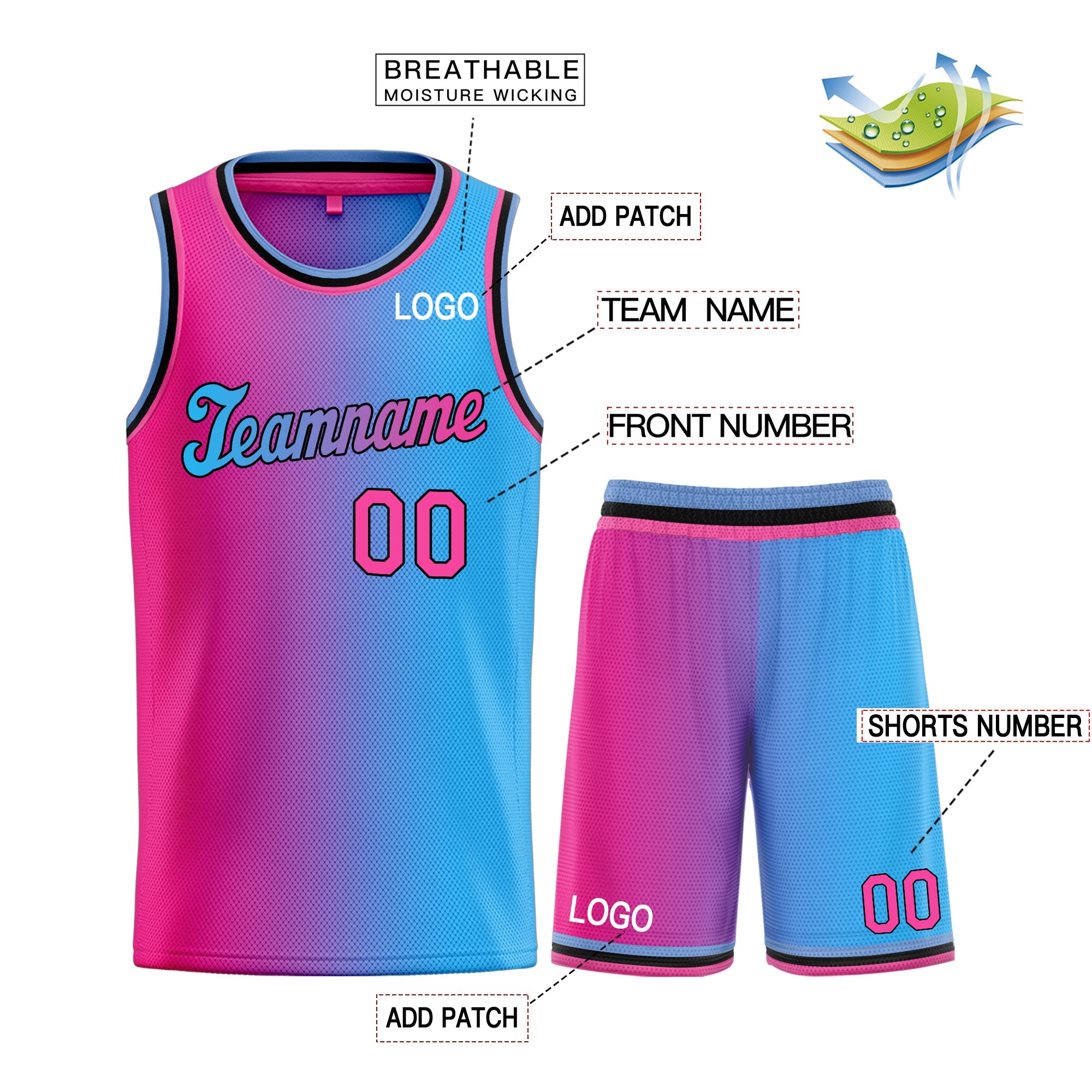 La mode dégradée bleu rose personnalisée définit le maillot de basket-ball